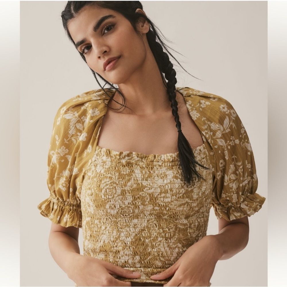 NWT Anthropologie Seersucker Smocked Puff-Sleeve Crop Top Size XL